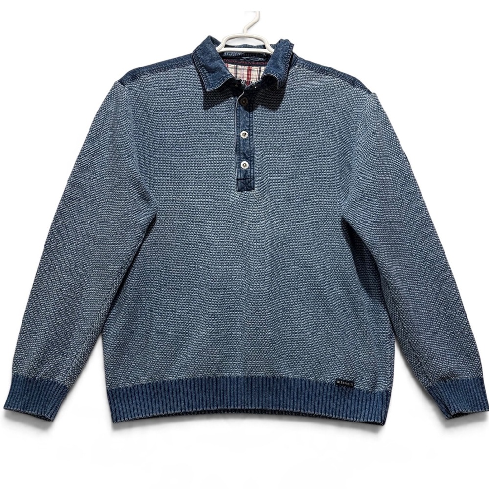 Blue Willis Mens Blue Cotton Knit Denim Trim Quarter Button Pullover Sweater